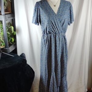 NWT PrettyGarden Chic Blue Floral Maxi Wrap Style Dress - Size L